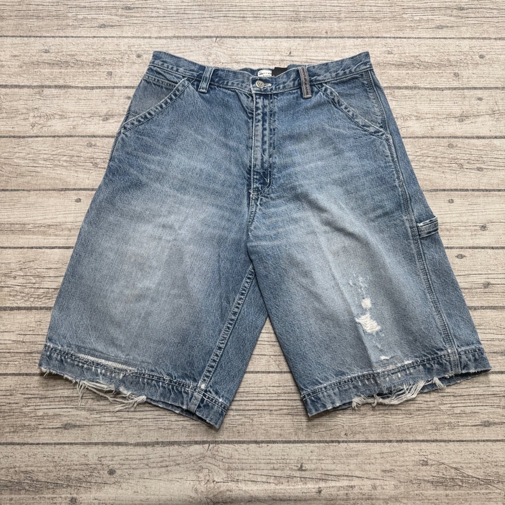 DKNY Carpenter Jorts Men's 32 Blue Denim Medium Wash Distressed Workwear Skater